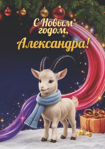 Новогодняя открытка с именем Александра, А6 105×148 мм: «С Новым годом, Александра!» с символом 2027 года