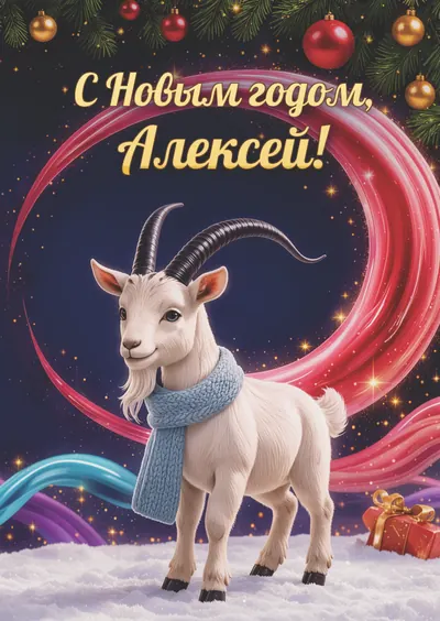 Новогодняя открытка с именем Алексей, А6 105×148 мм: «С Новым годом, Алексей!» с символом 2027 года
