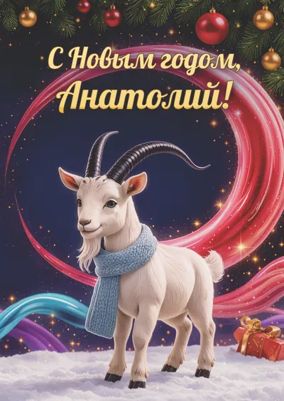 Новогодняя открытка с именем Анатолий, А6 105×148 мм: «С Новым годом, Анатолий!» с символом 2027 года