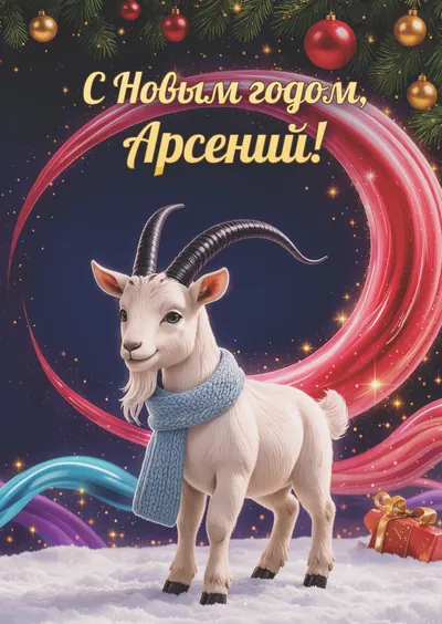 Новогодняя открытка с именем Арсений, А6 105×148 мм: «С Новым годом, Арсений!» с символом 2027 года