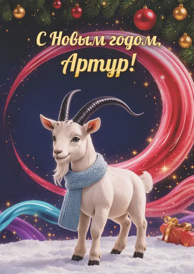 Новогодняя открытка с именем Артур, А6 105×148 мм: «С Новым годом, Артур!» с символом 2027 года