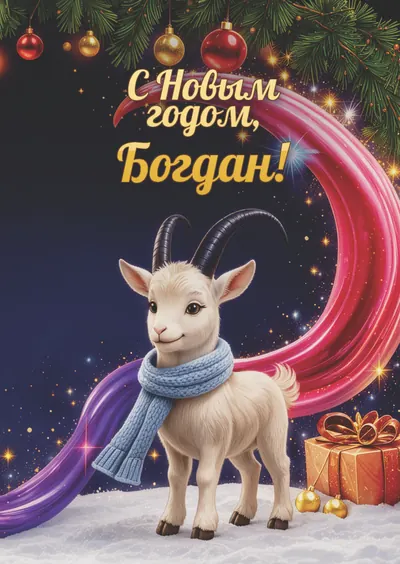 Новогодняя открытка с именем Богдан, А6 105×148 мм: «С Новым годом, Богдан!» с символом 2027 года