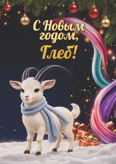 Новогодняя открытка с именем Глеб, А6 105×148 мм: «С Новым годом, Глеб!» с символом 2027 года