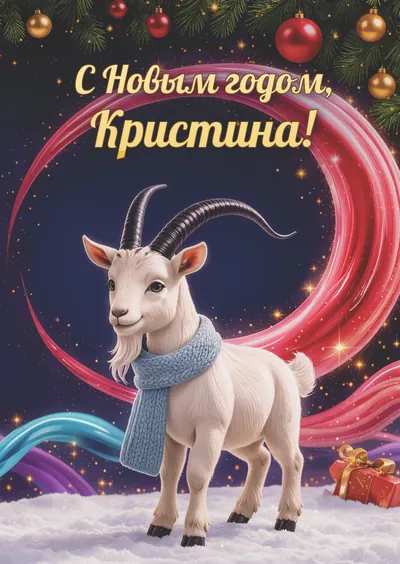 Новогодняя открытка с именем Кристина, А6 105×148 мм: «С Новым годом, Кристина!» с символом 2027 года