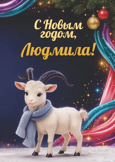 Новогодняя открытка с именем Людмила, А6 105×148 мм: «С Новым годом, Людмила!» с символом 2027 года