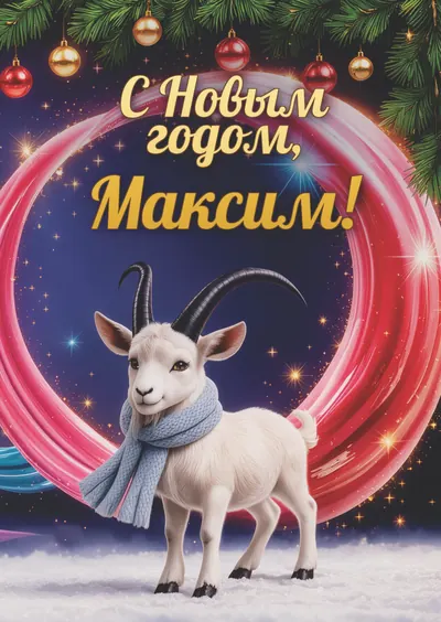 Новогодняя открытка с именем Максим, А6 105×148 мм: «С Новым годом, Максим!» с символом 2027 года