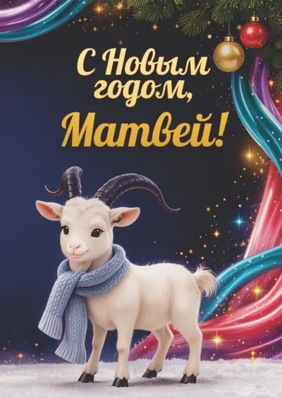 Новогодняя открытка с именем Матвей, А6 105×148 мм: «С Новым годом, Матвей!» с символом 2027 года