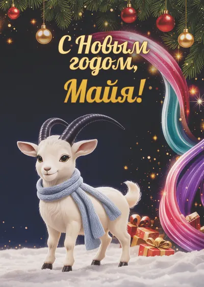 Новогодняя открытка с именем Майя, А6 105×148 мм: «С Новым годом, Майя!» с символом 2027 года