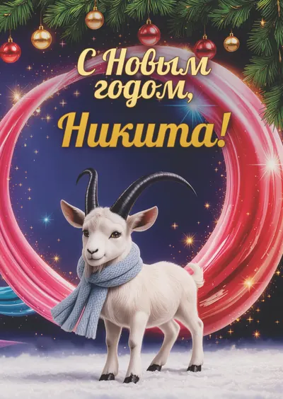 Новогодняя открытка с именем Никита, А6 105×148 мм: «С Новым годом, Никита!» с символом 2027 года