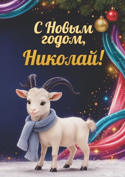 Новогодняя открытка с именем Николай, А6 105×148 мм: «С Новым годом, Николай!» с символом 2027 года