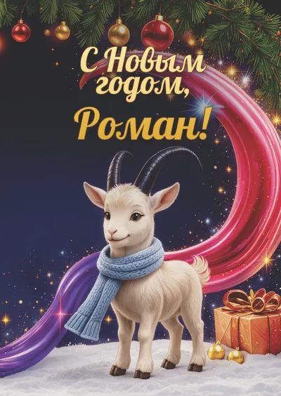 Новогодняя открытка с именем Роман, А6 105×148 мм: «С Новым годом, Роман!» с символом 2027 года