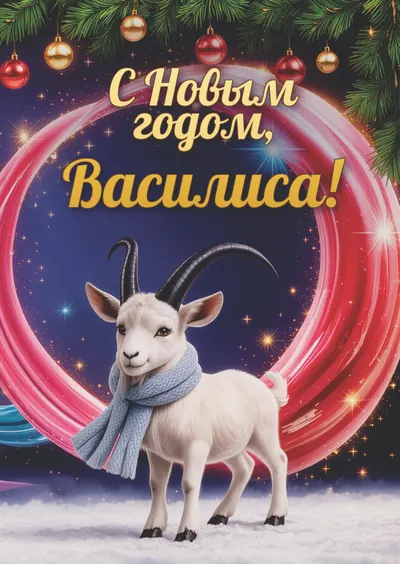 Новогодняя открытка с именем Василиса, А6 105×148 мм: «С Новым годом, Василиса!» с символом 2027 года